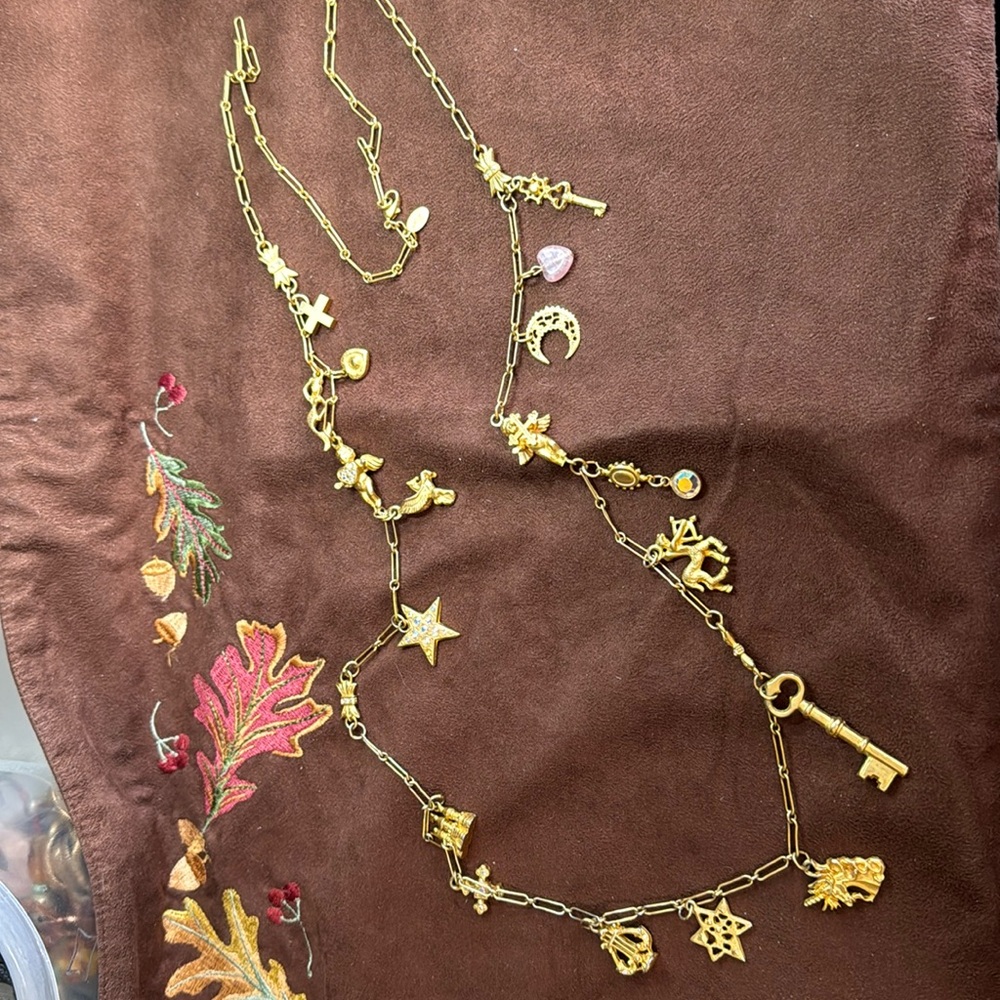 Kirks Folly Long Gold Charm Necklace with Aurora Borealis Crystal Accents cupids - Picture 2 of 5